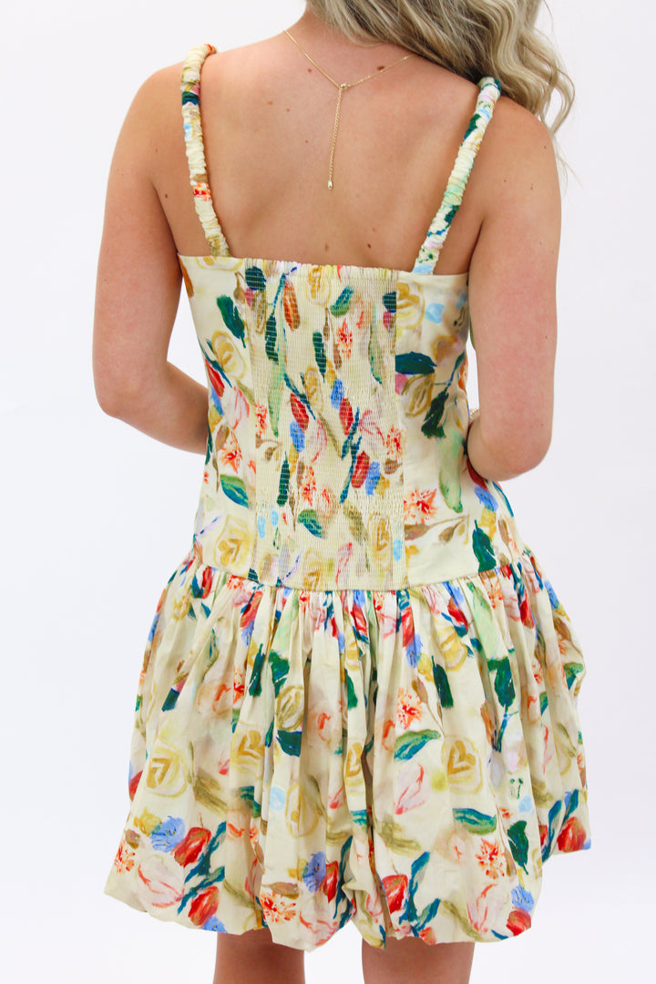Keyla Drop Waist Bubble Dress, Yellow/Green Floral
