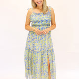 Ethelind Floral Pleated Maxi Dress, Blue/Yellow Floral