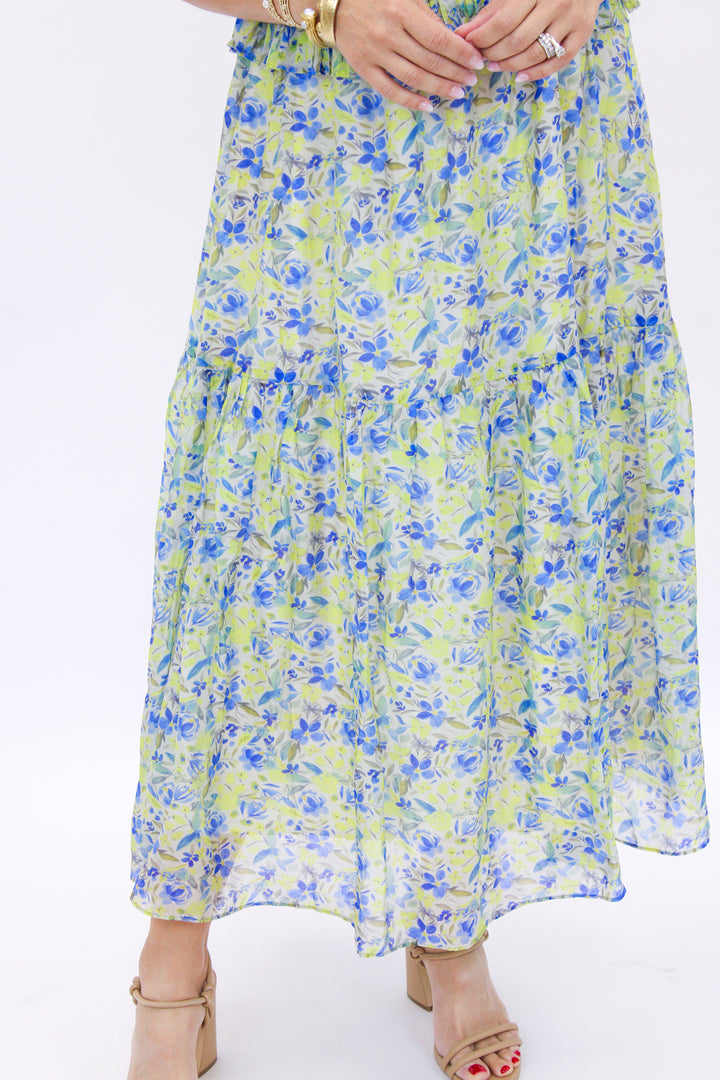 Ethelind Floral Pleated Maxi Dress, Blue/Yellow Floral
