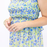 Ethelind Floral Pleated Maxi Dress, Blue/Yellow Floral