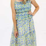 Ethelind Floral Pleated Maxi Dress, Blue/Yellow Floral