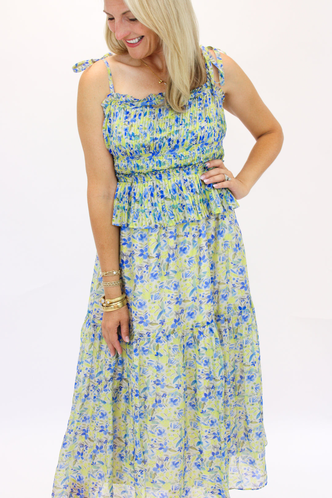 Ethelind Floral Pleated Maxi Dress, Blue/Yellow Floral