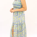Ethelind Floral Pleated Maxi Dress, Blue/Yellow Floral