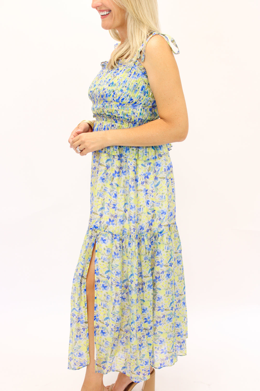 Ethelind Floral Pleated Maxi Dress, Blue/Yellow Floral