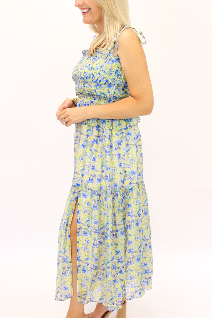 Ethelind Floral Pleated Maxi Dress, Blue/Yellow Floral
