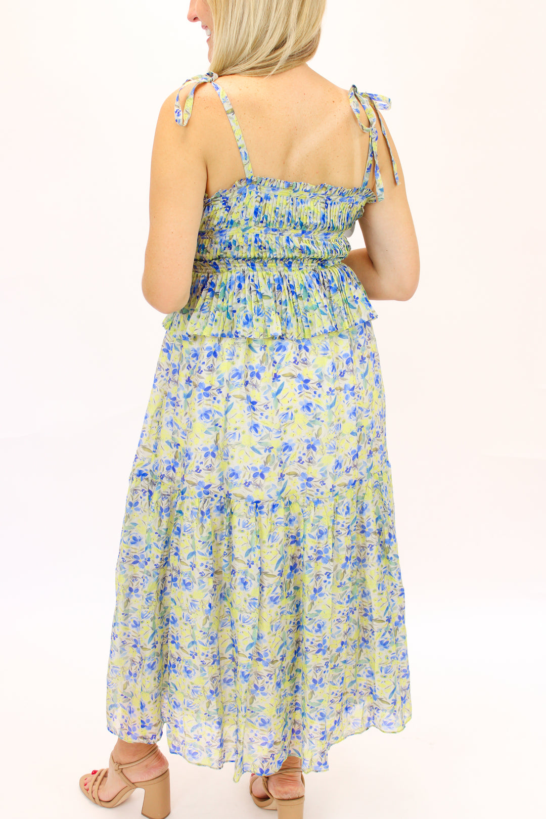 Ethelind Floral Pleated Maxi Dress, Blue/Yellow Floral