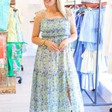 Ethelind Floral Pleated Maxi Dress, Blue/Yellow Floral