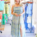 Ethelind Floral Pleated Maxi Dress, Blue/Yellow Floral