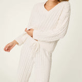 Cozy Chenille Cable Knit Ivory V-Neck Lounge Set