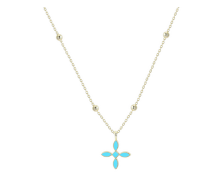 Enamel Cross Drop Necklace, Light Blue Enamel/Gold