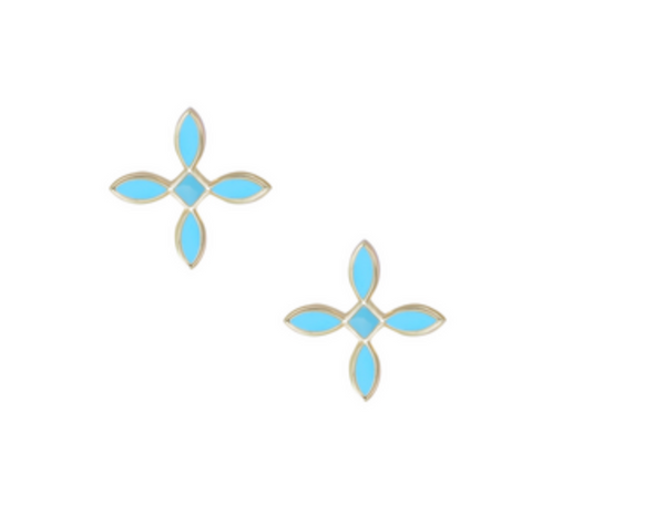 Enamel Cross Stud Earrings, Light Blue Enamel/Gold