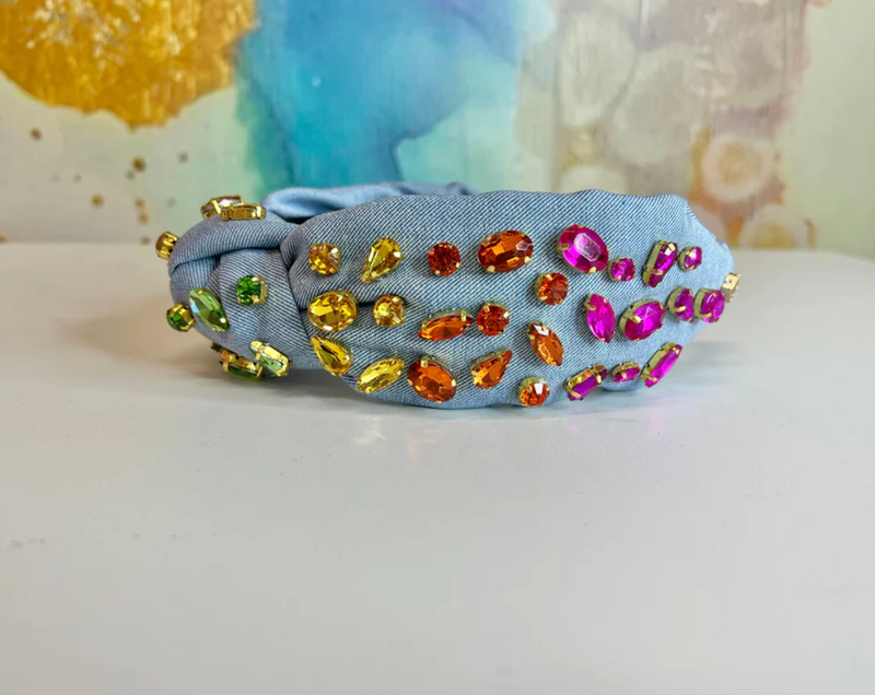 Denim Headband with Rainbow Gradient Crystals