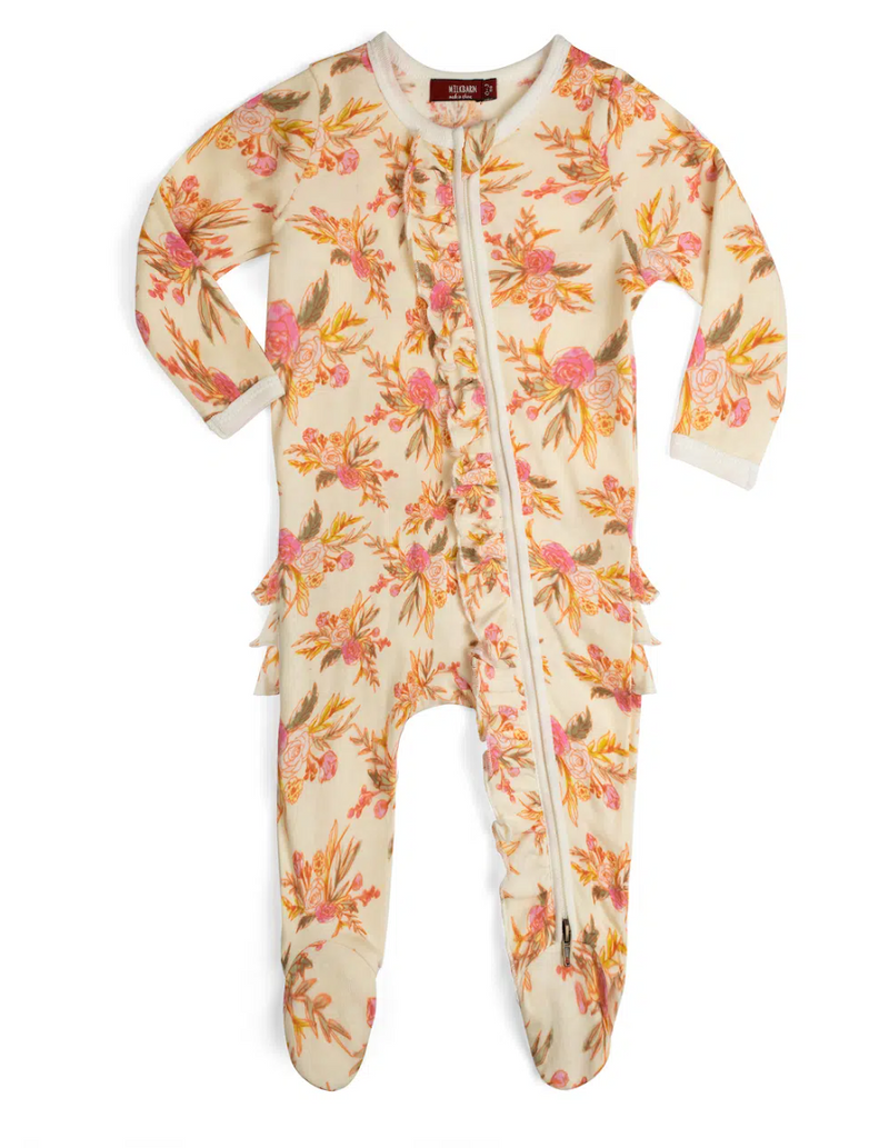 Vintage Floral Organic Cotton Ruffle Zipper Footed Romper