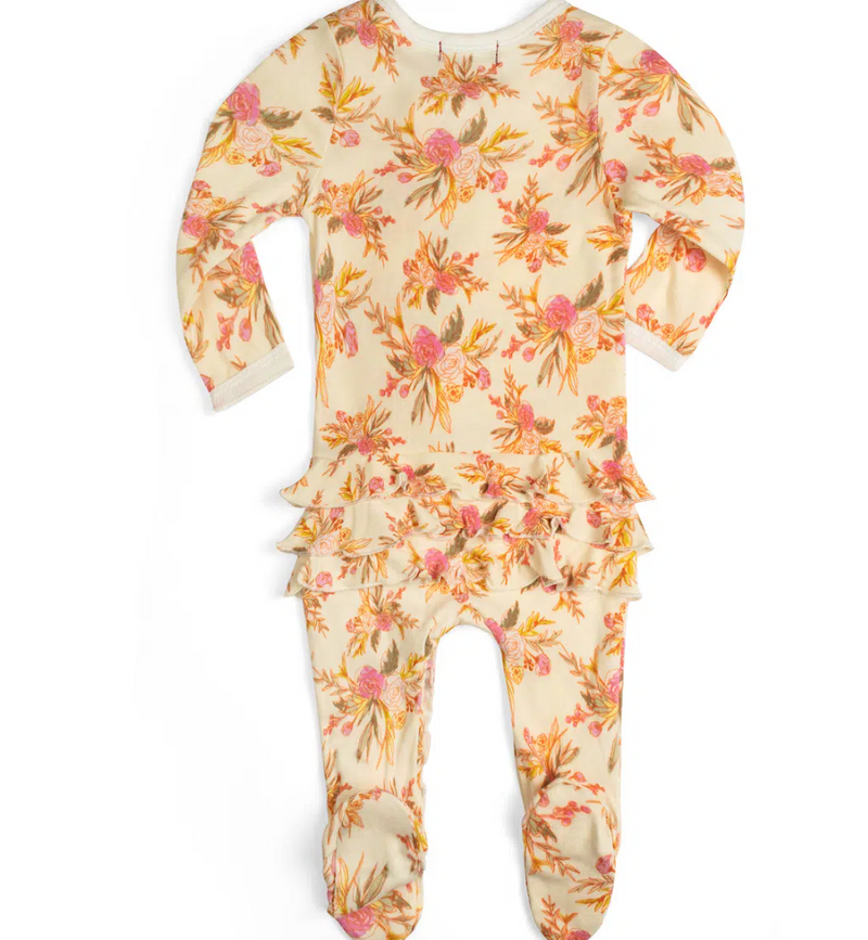 Vintage Floral Organic Cotton Ruffle Zipper Footed Romper