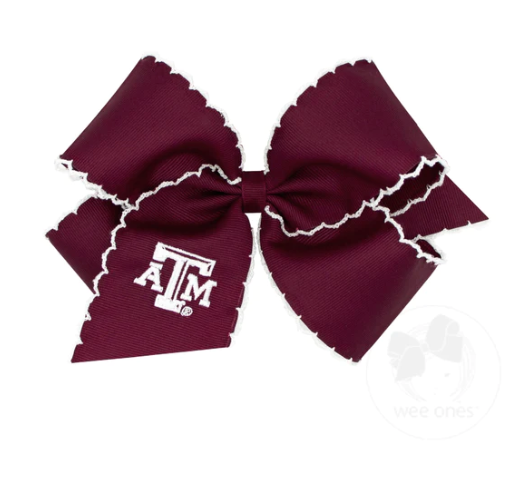 King Grosgrain Hair Bow with Moonstitch Edge and Embroidered Collegiate Logo