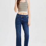 Ava High Rise Crossover Straight Leg Jean, Dark Blue