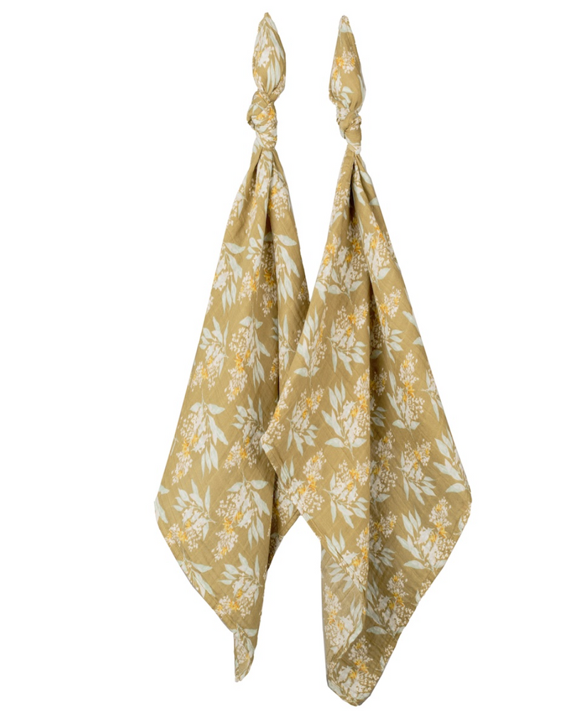 Gold Floral Organic Cotton Muslin Two-Piece Burp Cloth Set