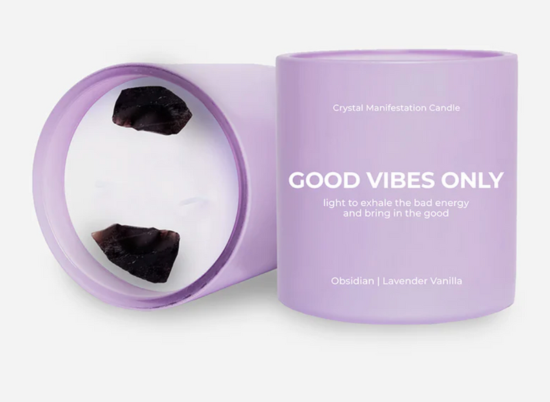 Good Vibes Only Crystal Manifestation Candle, Lavender Vanilla with Obsidian