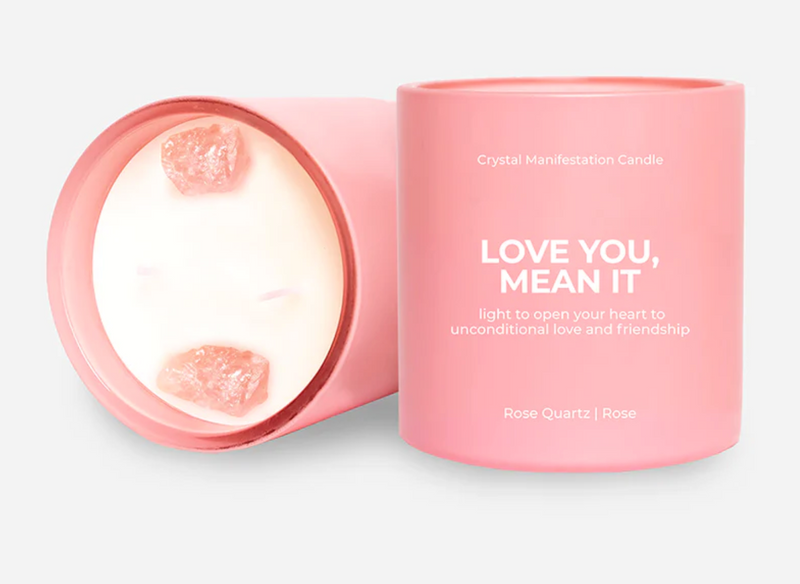 Love You, Mean It Crystal Manifestation Candle, Rose Scented with Rose Quartz