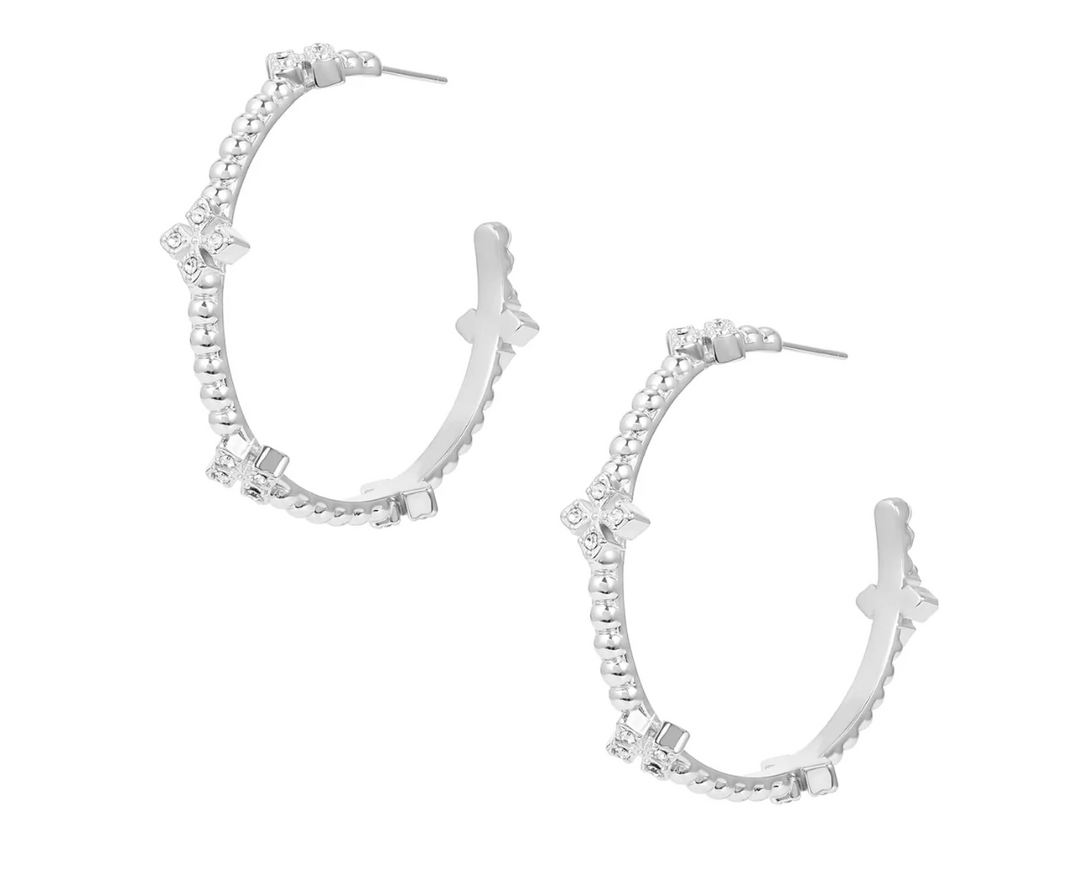 Beaded Cross Hoop Earrings, Silver