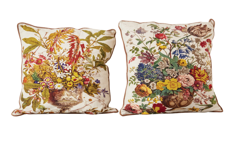 26" Printed & Embroidered Floral Pillow