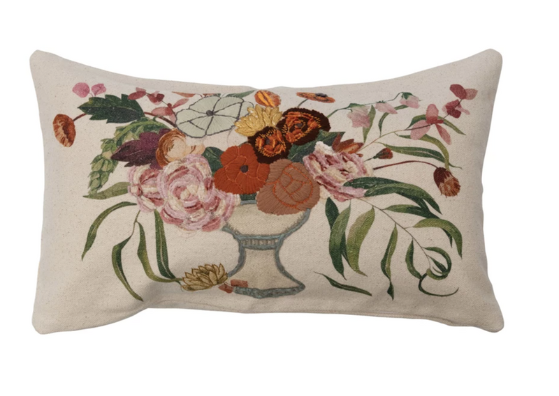 24" x 14" Cotton Lumbar Pillow w/ Embroidery & Flowers in Vase