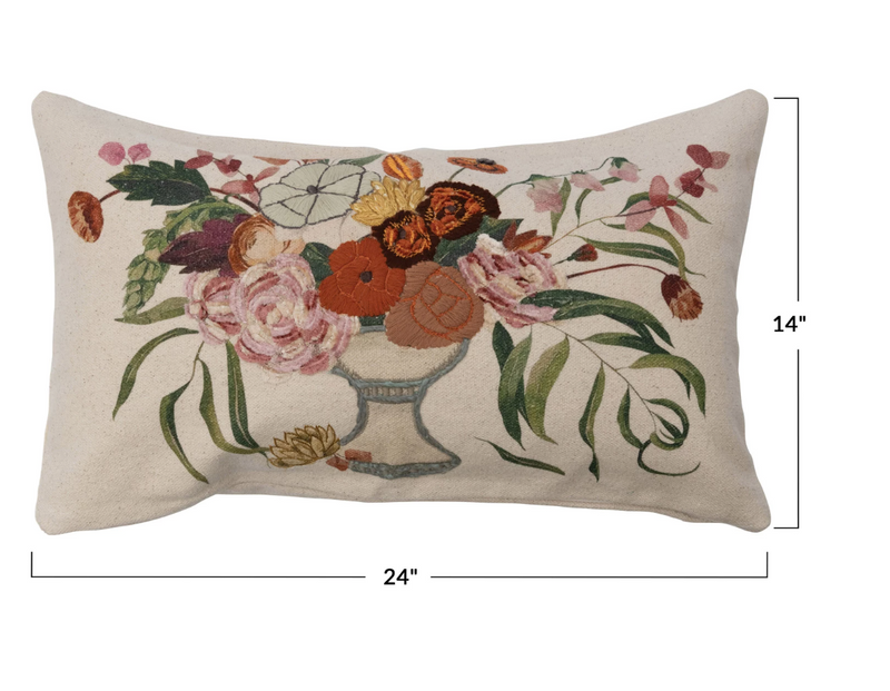24" x 14" Cotton Lumbar Pillow w/ Embroidery & Flowers in Vase