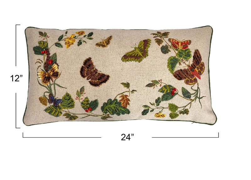 24" x 12" Cotton Lumbar Pillow w/ Butterflies, Flowers, Embroidery & Piping