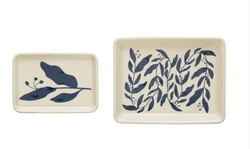 Stoneware Plates w/ Botanicals, Blue & Cream Color