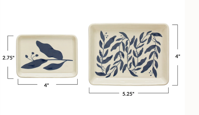 Stoneware Plates w/ Botanicals, Blue & Cream Color