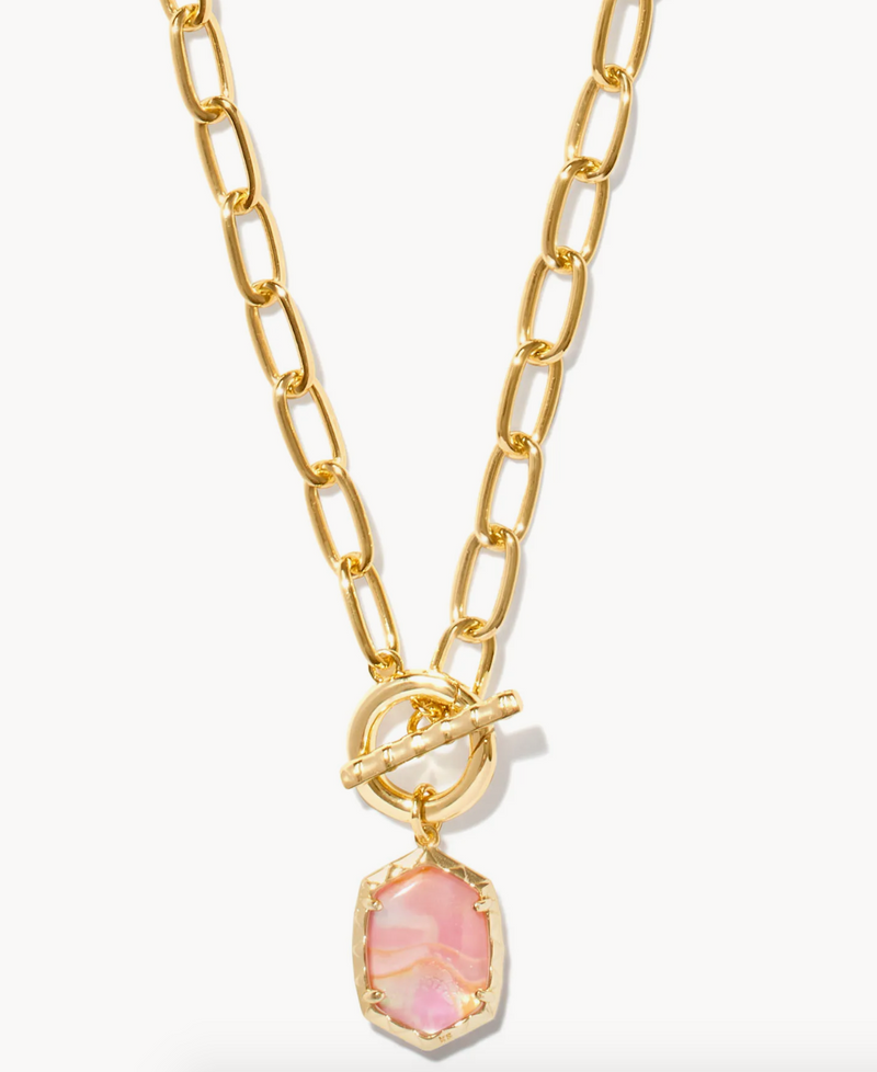 Daphne Gold Chain Link Necklace, Light Pink Iridescent Abalone