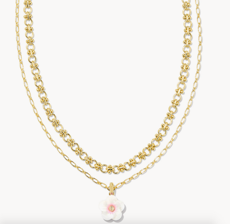 Deliah Gold Multi Strand Necklace, Iridescent Pink White Mix