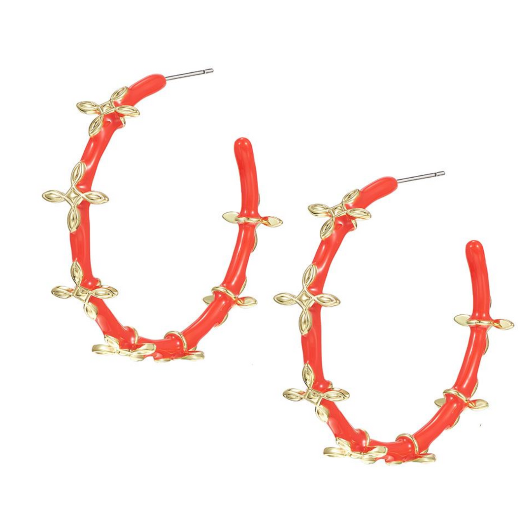 Sea Breeze Cross Hoop Earrings, Coral