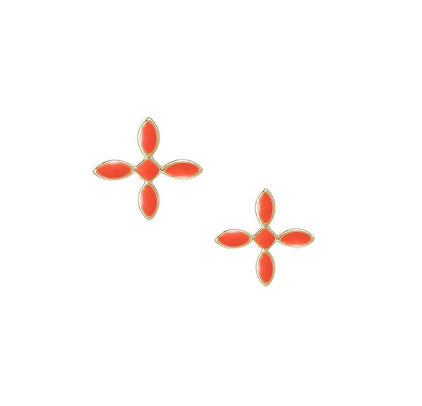 Enamel Cross Stud Earrings, Coral
