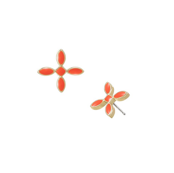 Enamel Cross Stud Earrings, Coral
