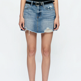 Anna Distressed Mini Denim Skirt, Medium Blue