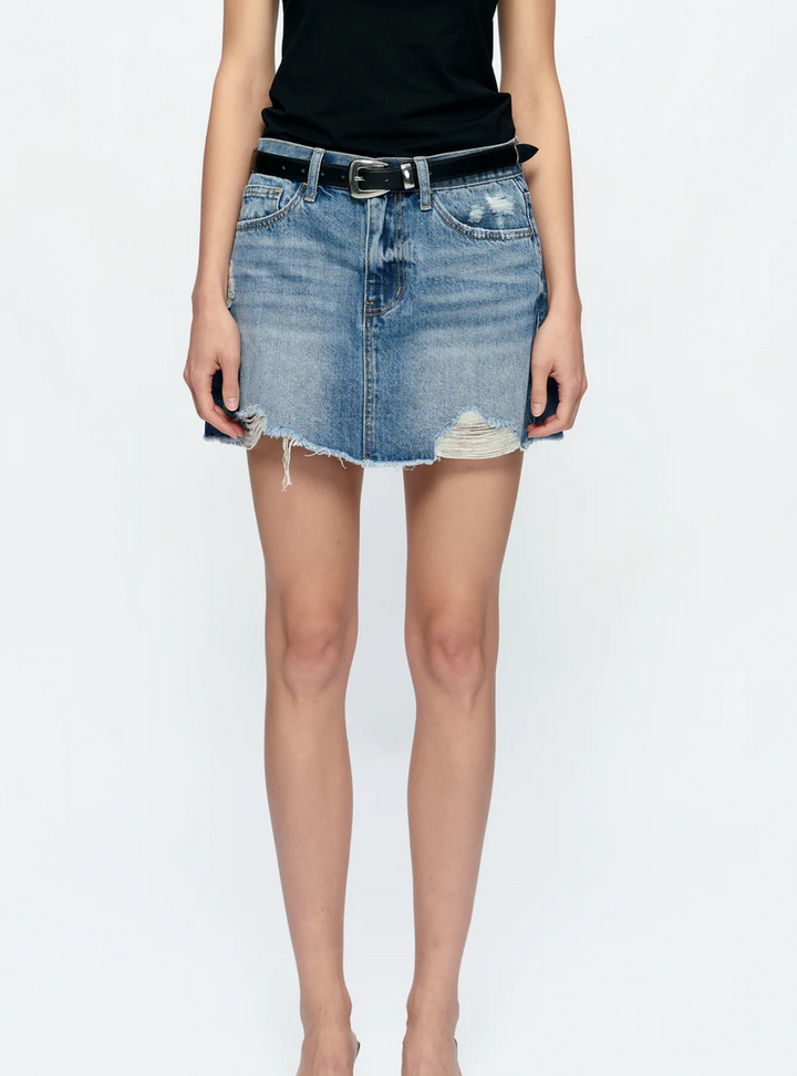 Anna Distressed Mini Denim Skirt, Medium Blue
