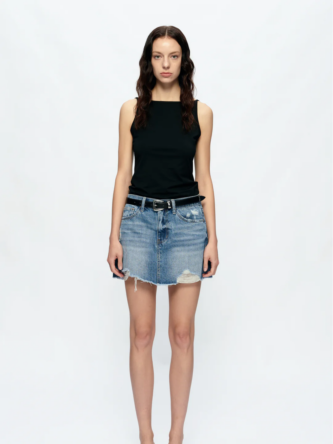 Anna Distressed Mini Denim Skirt, Medium Blue