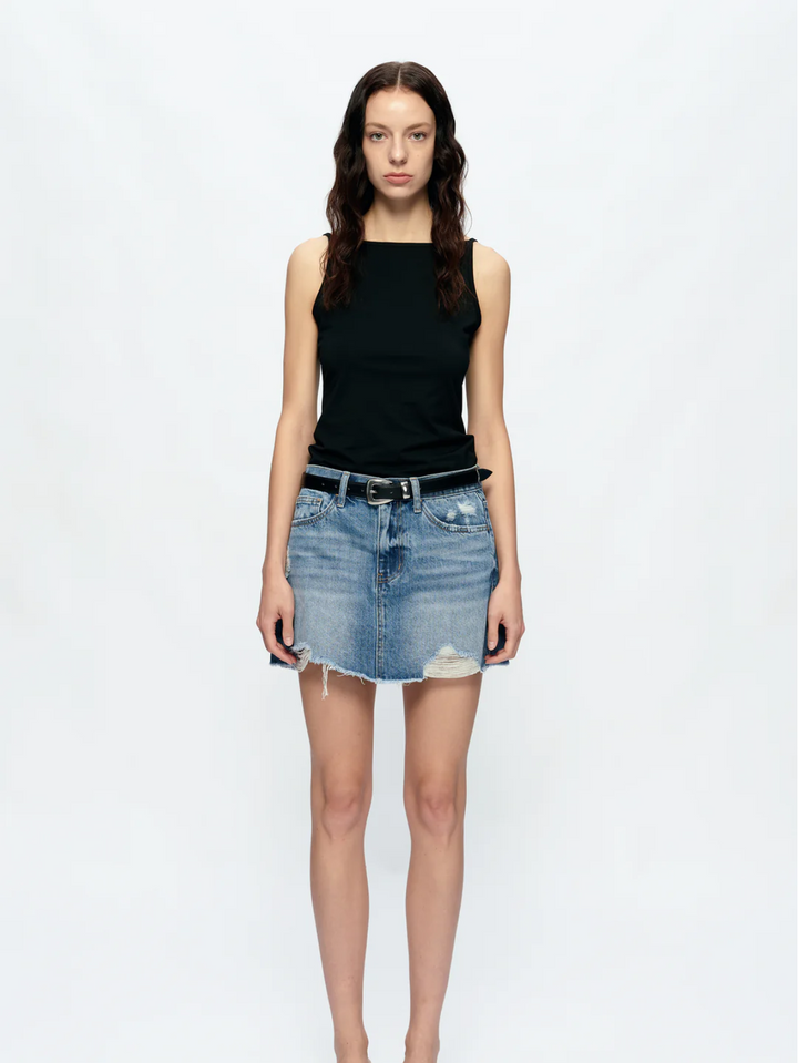 Anna Distressed Mini Denim Skirt, Medium Blue