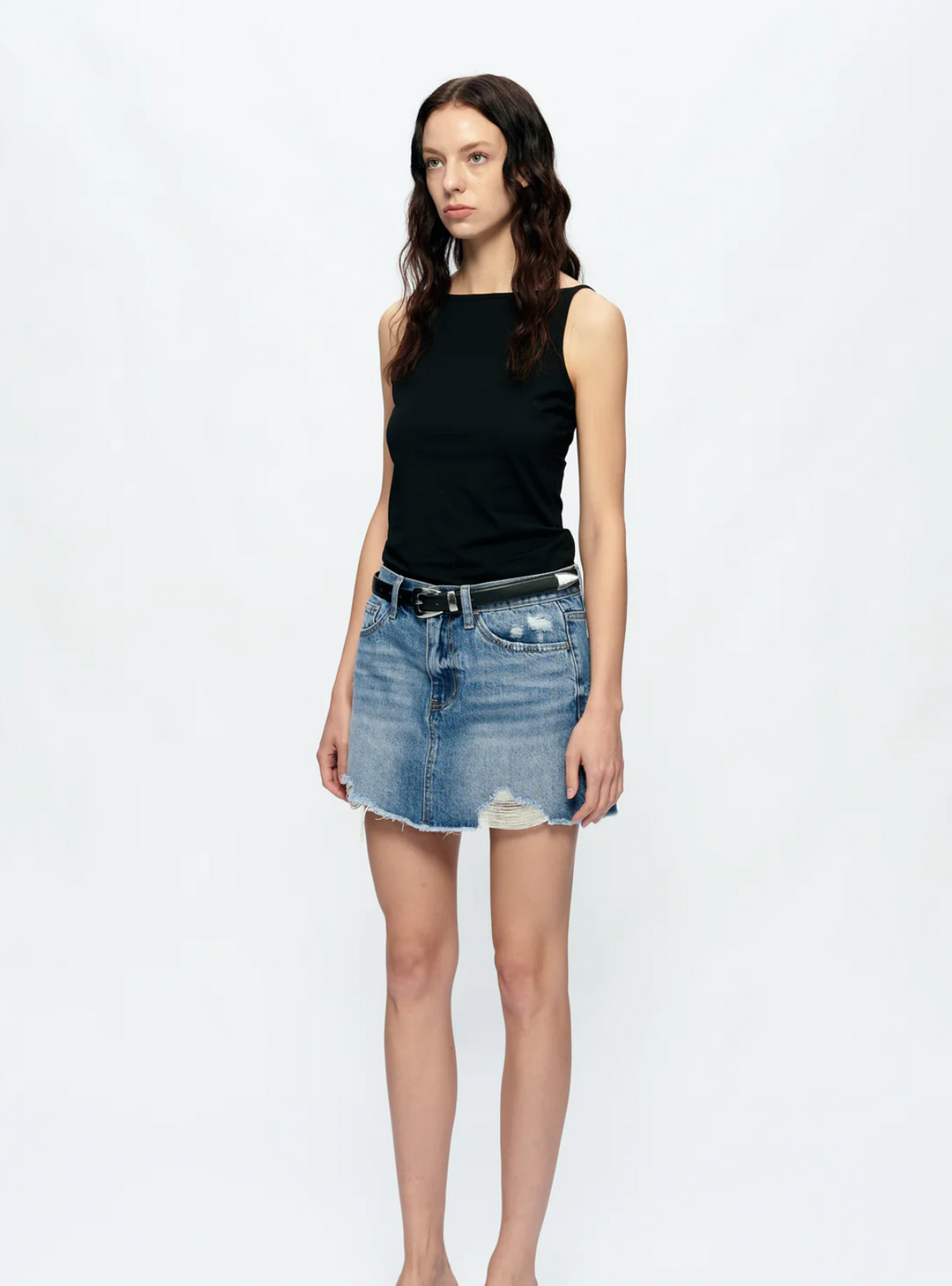 Anna Distressed Mini Denim Skirt, Medium Blue