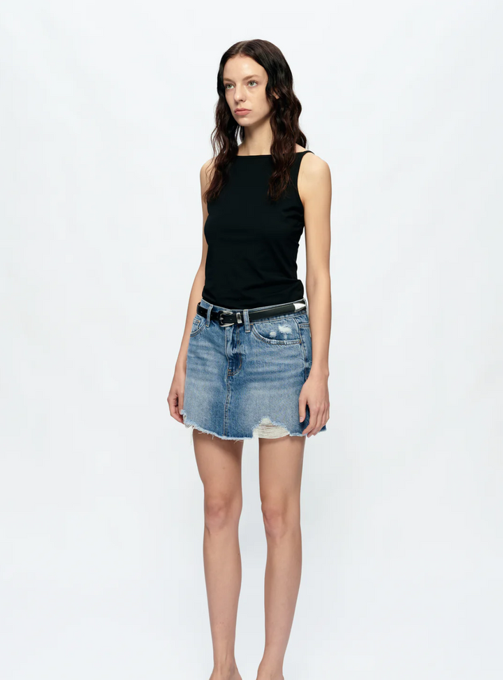Anna Distressed Mini Denim Skirt, Medium Blue