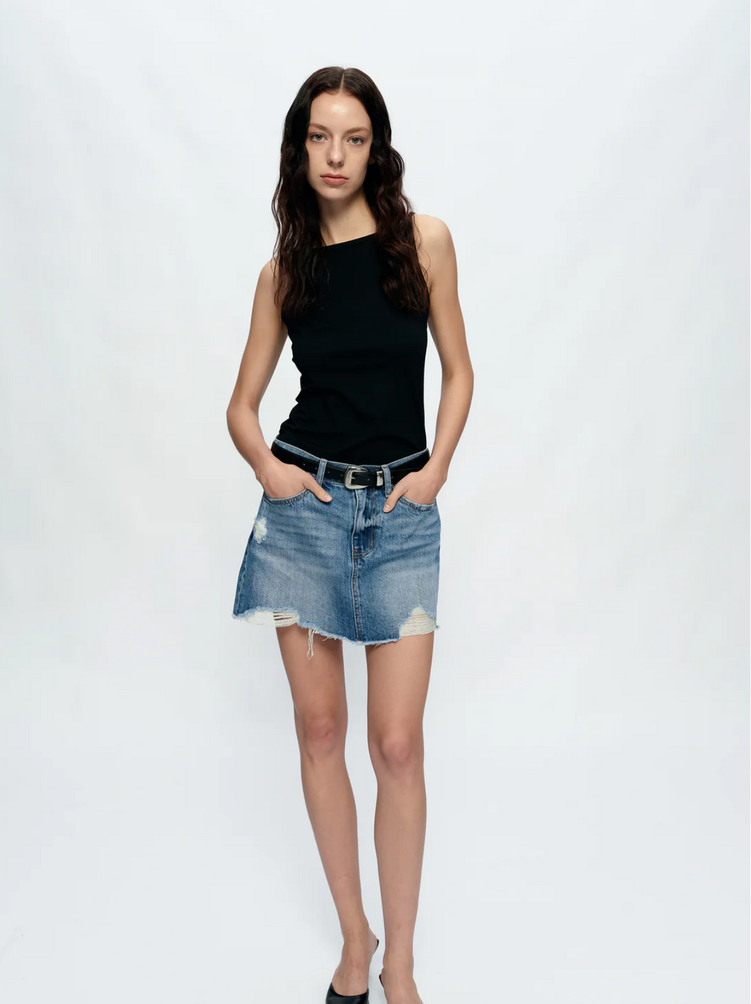 Anna Distressed Mini Denim Skirt, Medium Blue