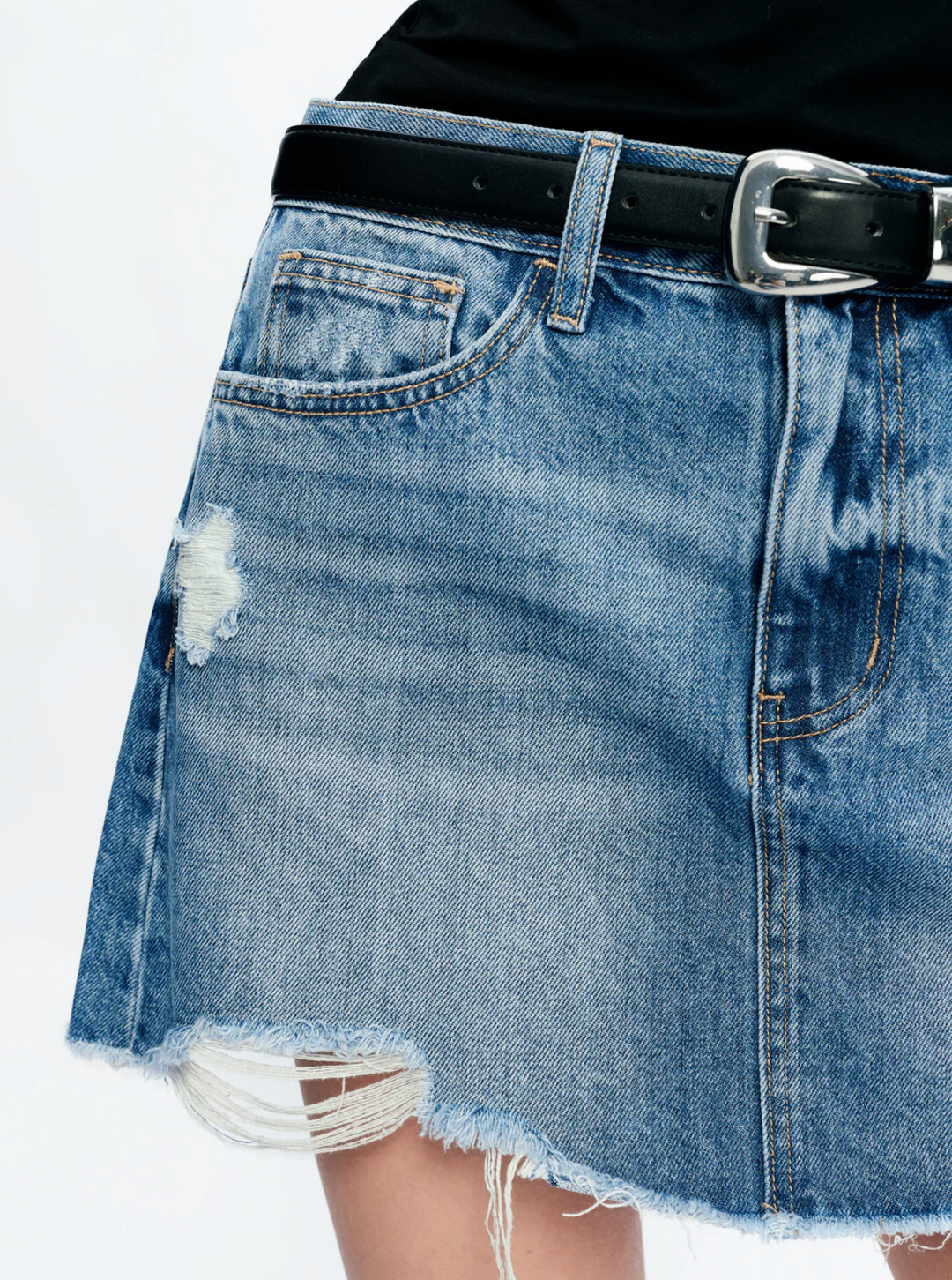 Anna Distressed Mini Denim Skirt, Medium Blue