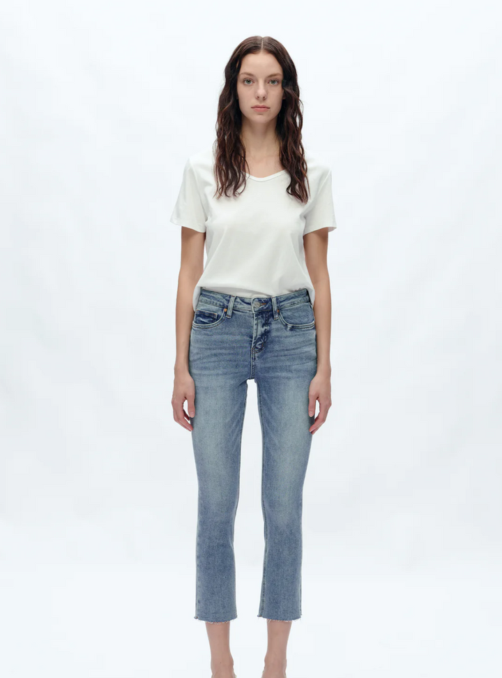 Mid Rise Skinny Denim Jeans Ankle Raw Hem, Indigo