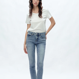 Mid Rise Skinny Denim Jeans Ankle Raw Hem, Indigo