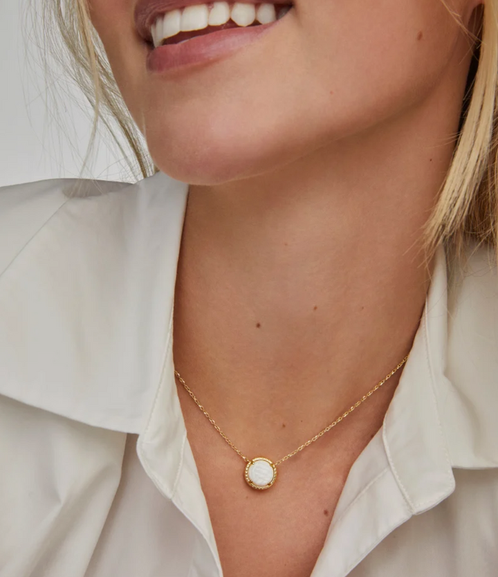 Volleyball Gold Short Pendant Necklace in White Mother-of-Pearl