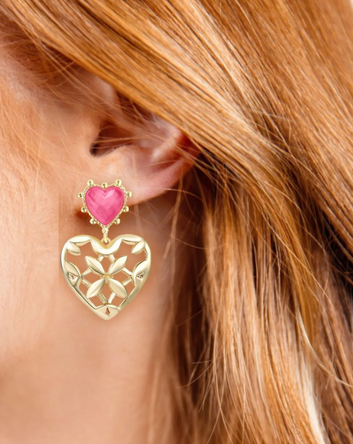 Adorned Heart Statement Earrings, Pink Enamel