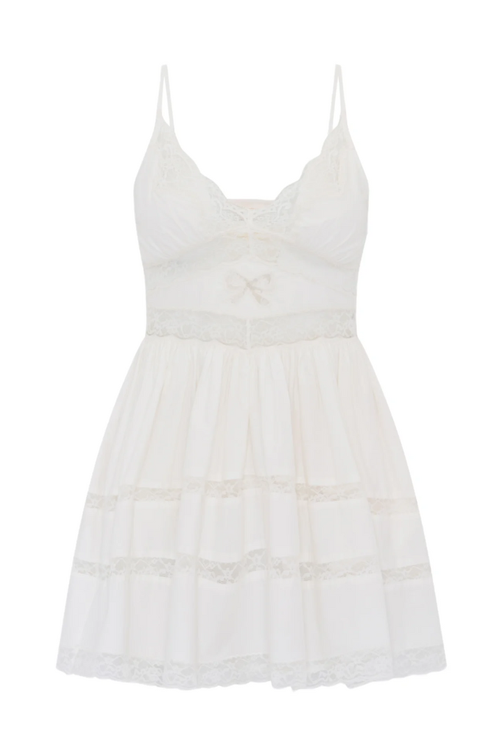 Zima Cotton Lace Bow Mini Dress, Optic White