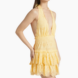 Janea Eyelet Lace Mini Halter Dress, Citron