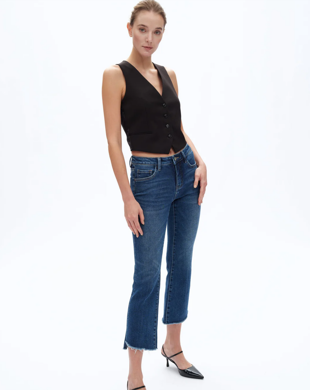 Mid Rise Cropped Bootcut Denim Jeans, Diamonds